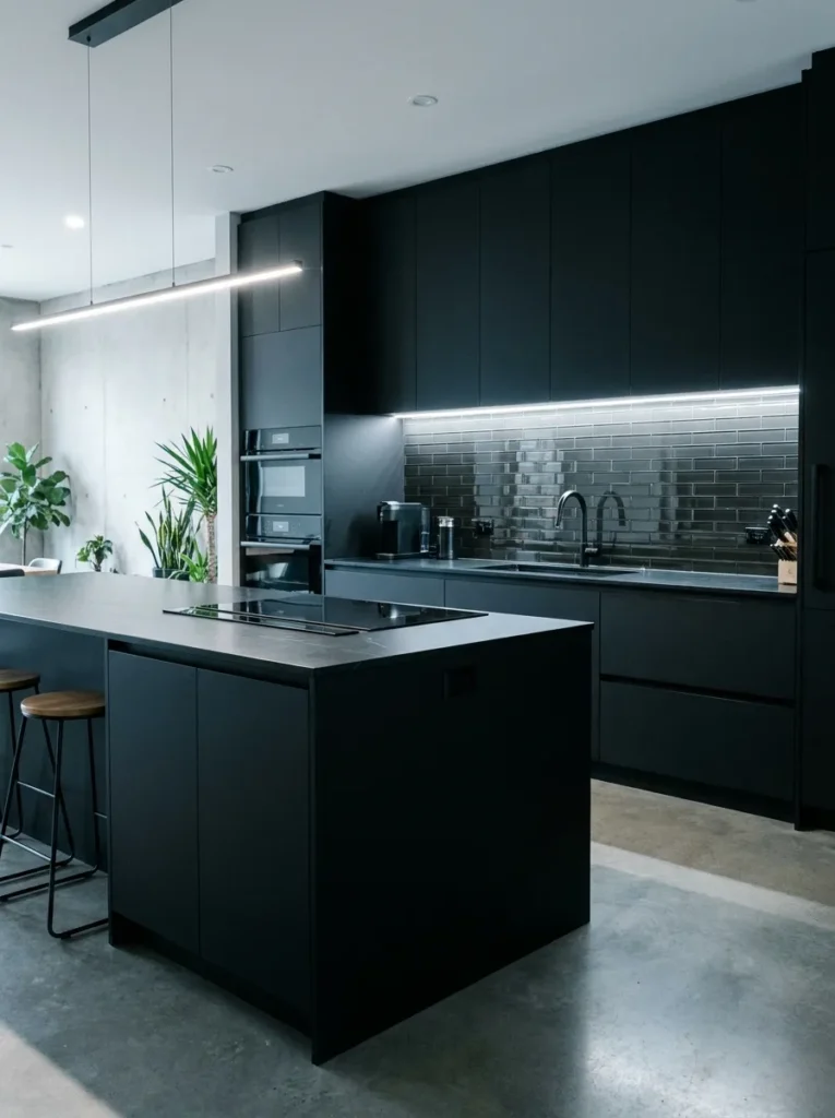 Dark smoked glass tile backsplash in a modern black kitchen