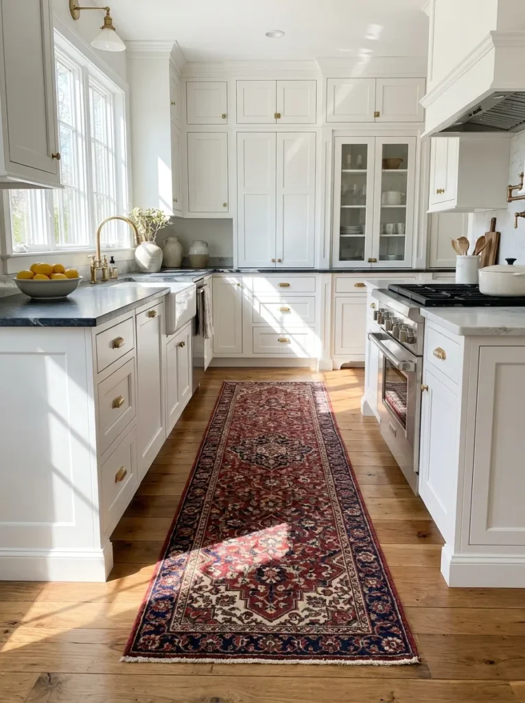 Vintage patterned runner rug grounding a timeless white kitchen