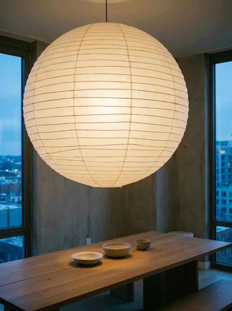 Oversized white paper lantern pendant light in a dining room