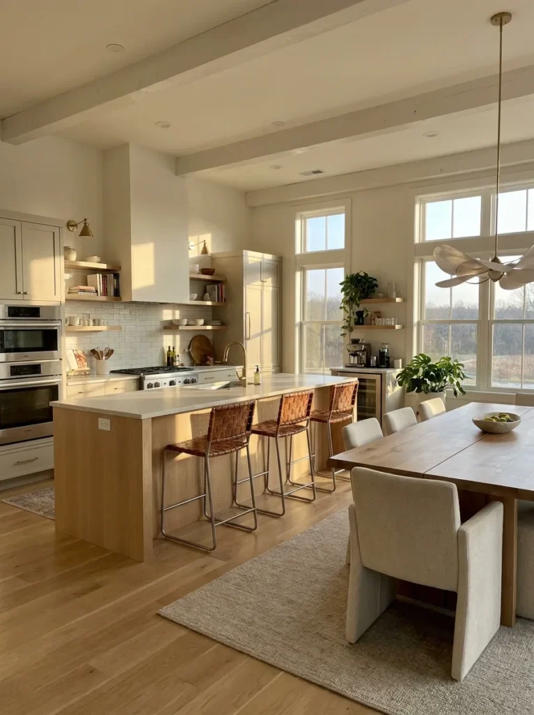 Kitchen island acting as a physical divider in an open plan space