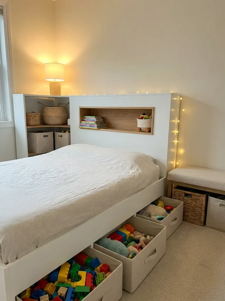 White storage headboard with built in side cubbies for books and toys