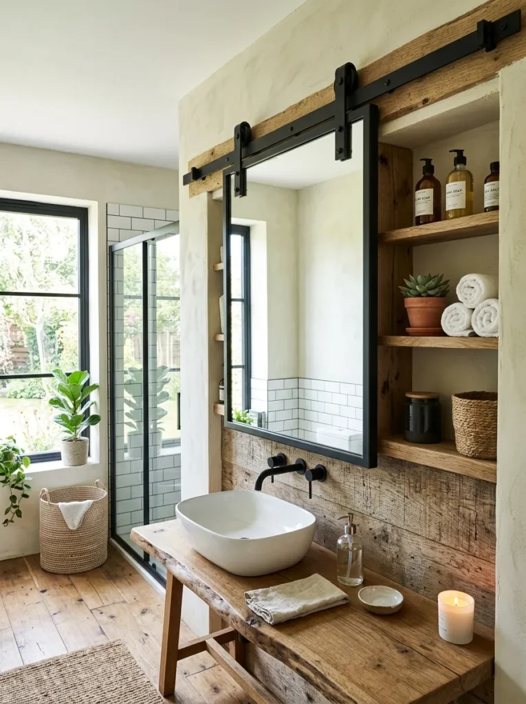 Black framed rectangular mirror hanging from a sliding horizontal wall track