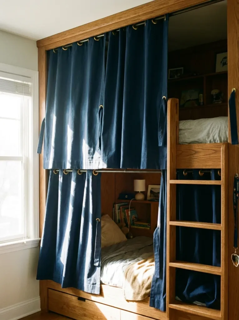 Navy blue canvas bunk bed privacy curtains creating a private zone