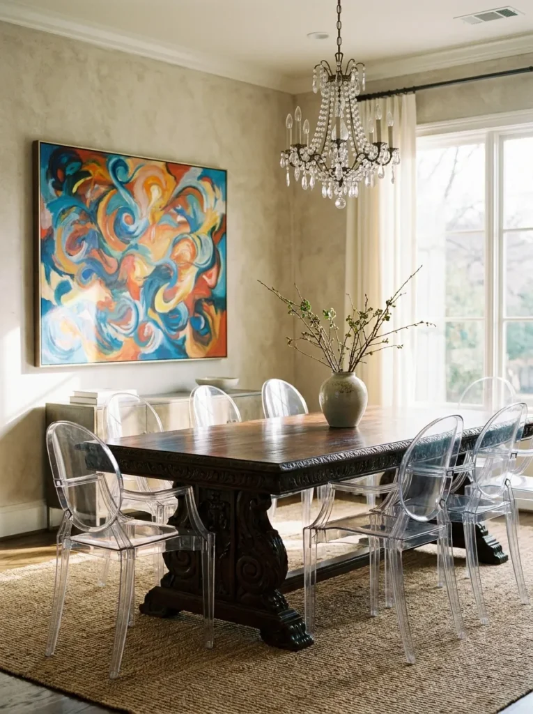 Antique dining table paired with modern chairs and abstract art