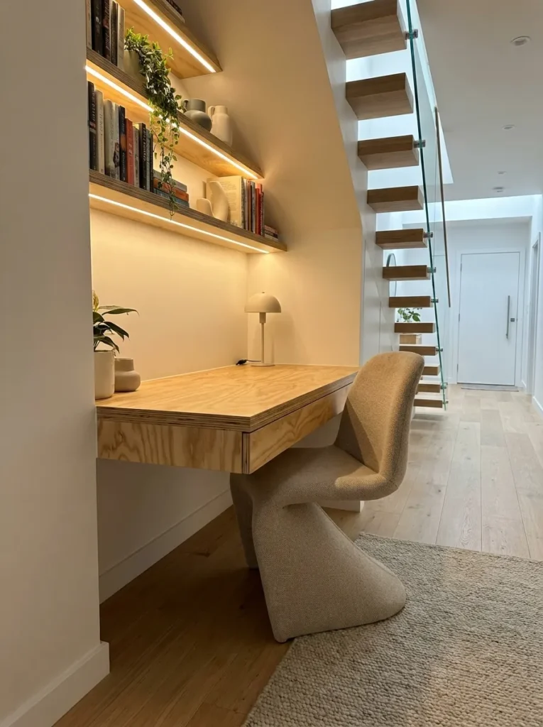 Compact beige ergonomic desk chair tucked under a small floating desk