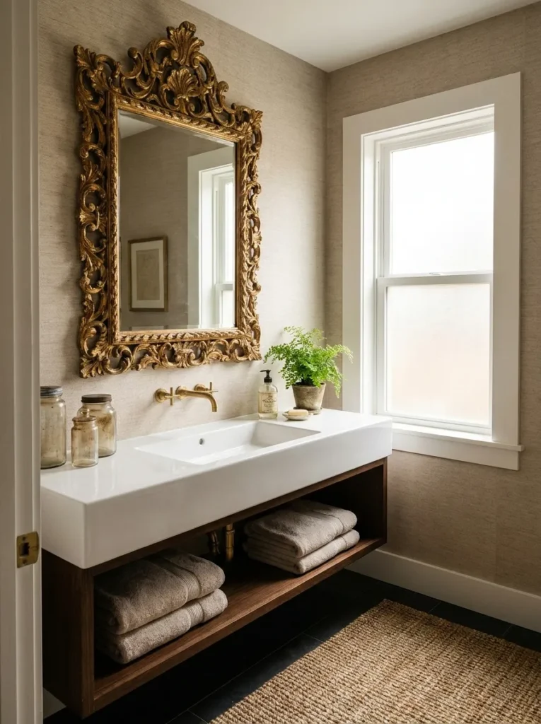 Antique ornate gold filigree mirror bringing character to a modern bathroom