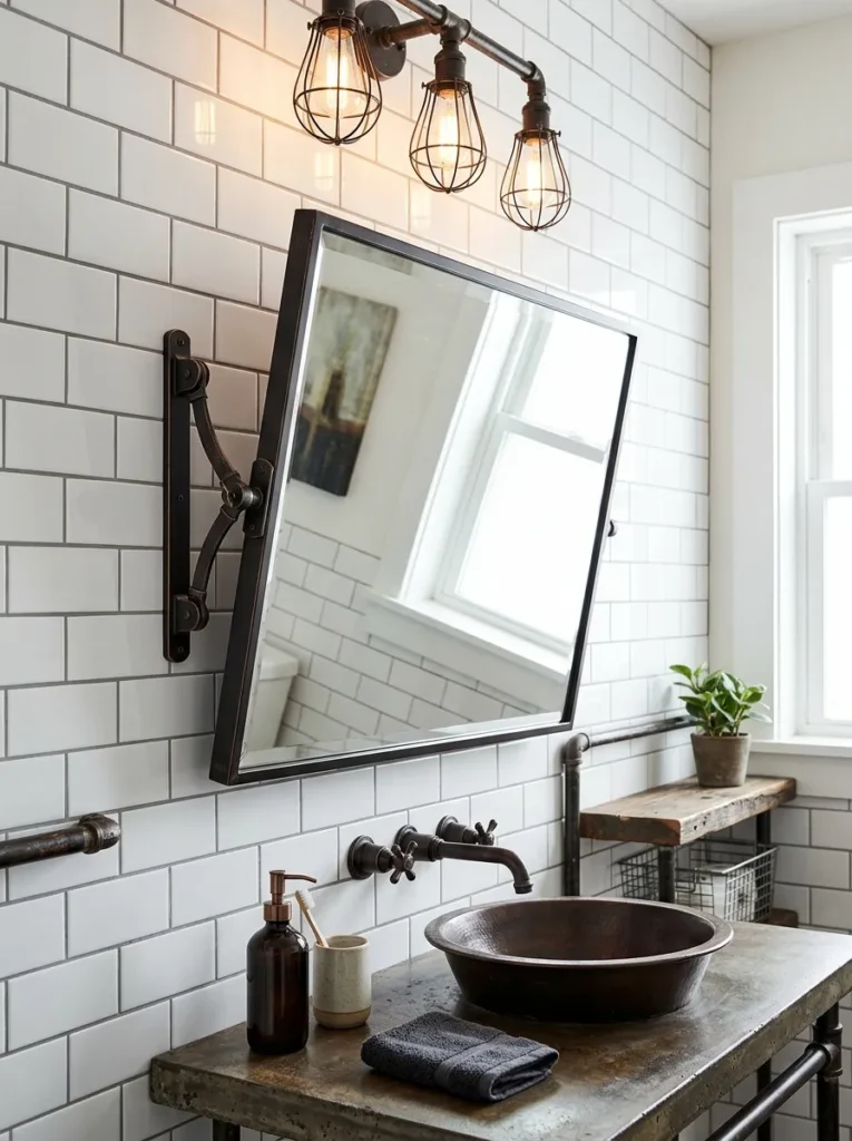 Rectangular oil rubbed bronze pivot mirror on a white tiled bathroom wall
