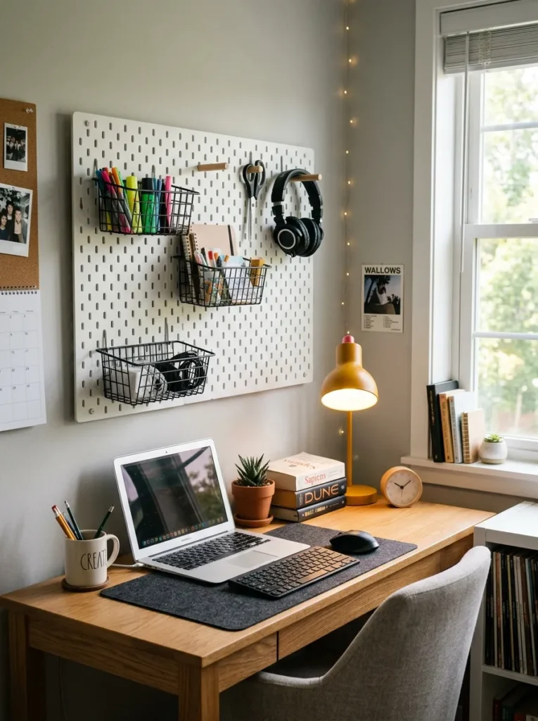 Modular white pegboard organizer mounted above a teen study desk