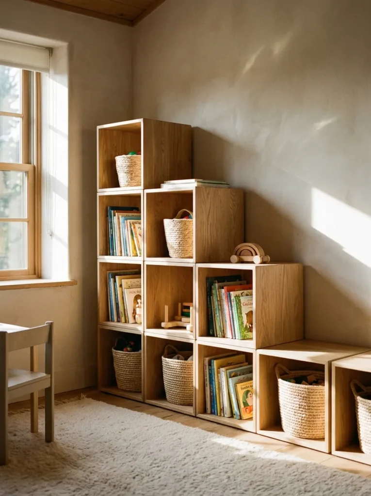 Modular stackable light oak wood storage cubes in a child's bedroom