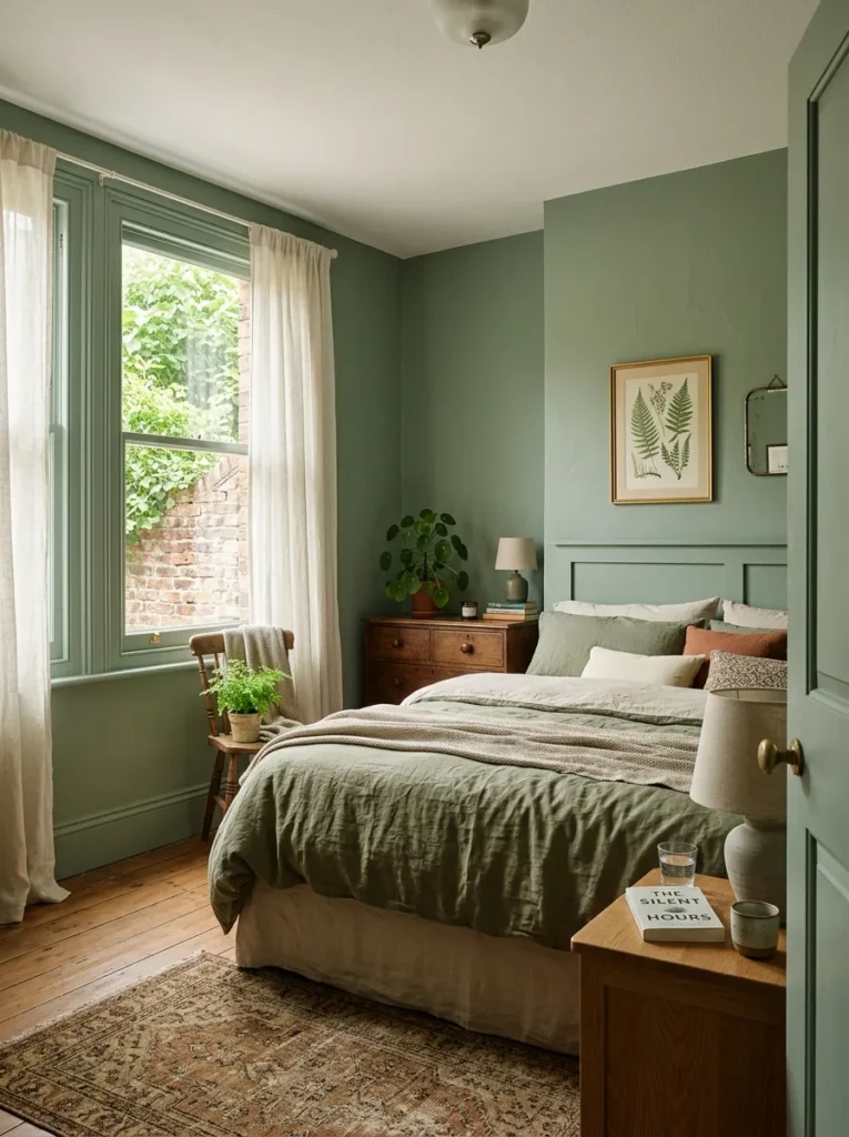 Matte sage green color drenched walls and matching window trim