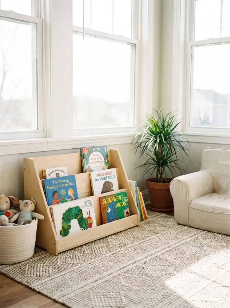 Low profile wooden Montessori bookshelf display on a soft cream rug