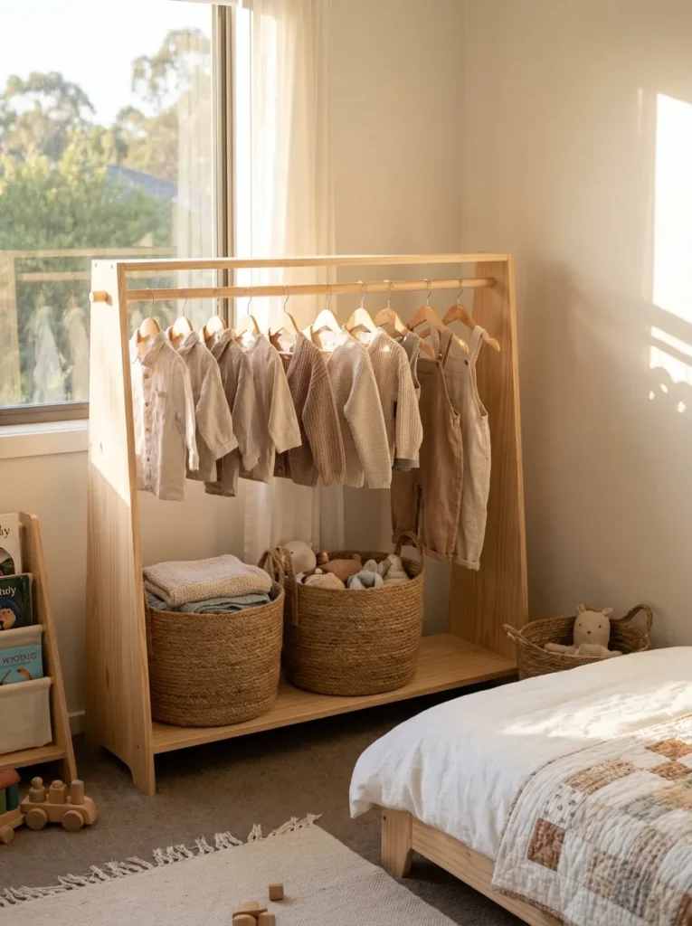 Low profile wooden open wardrobe rack in a child's bedroom