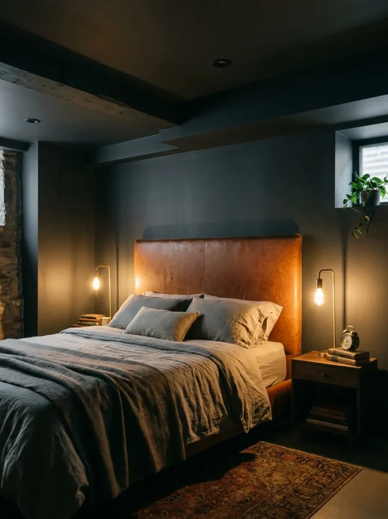 Color drenched moody charcoal gray basement bedroom
