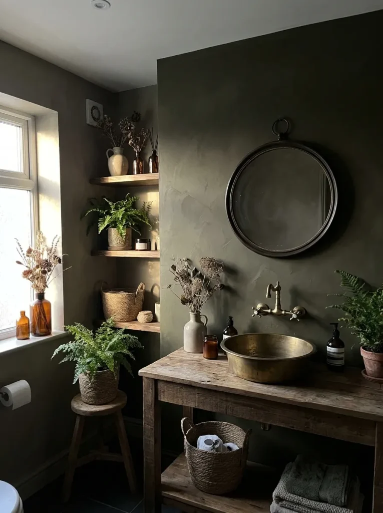 Dark matte olive green accent wall backing a rustic wooden vanity frame