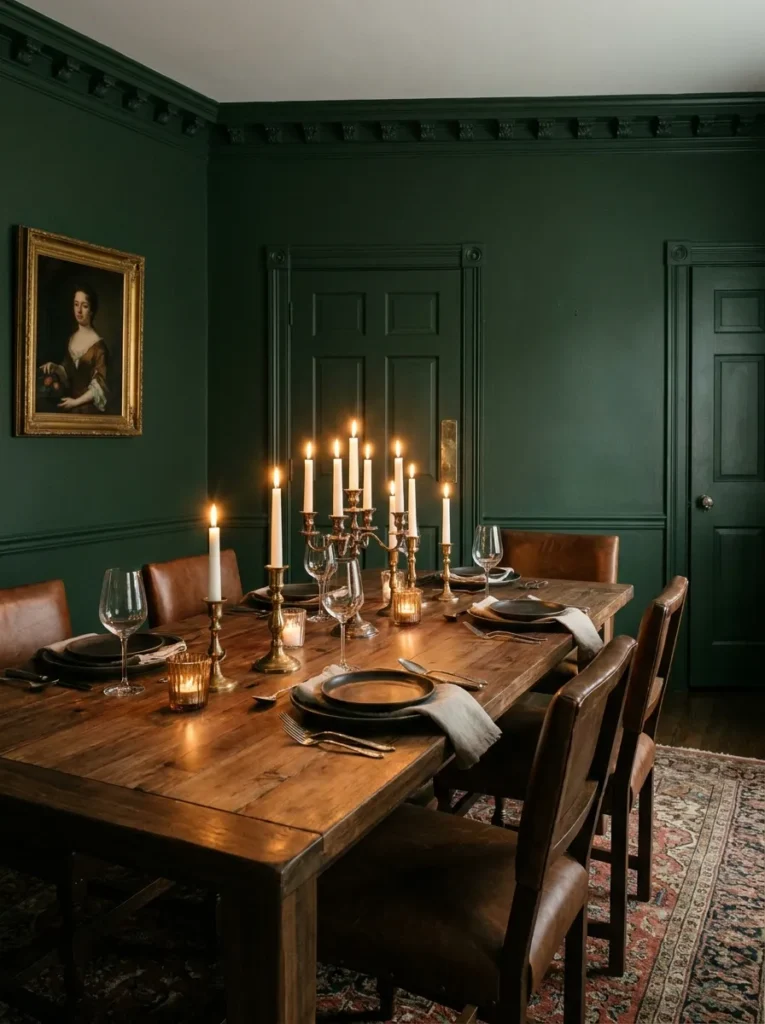 Moody forest green painted dining room with a walnut table