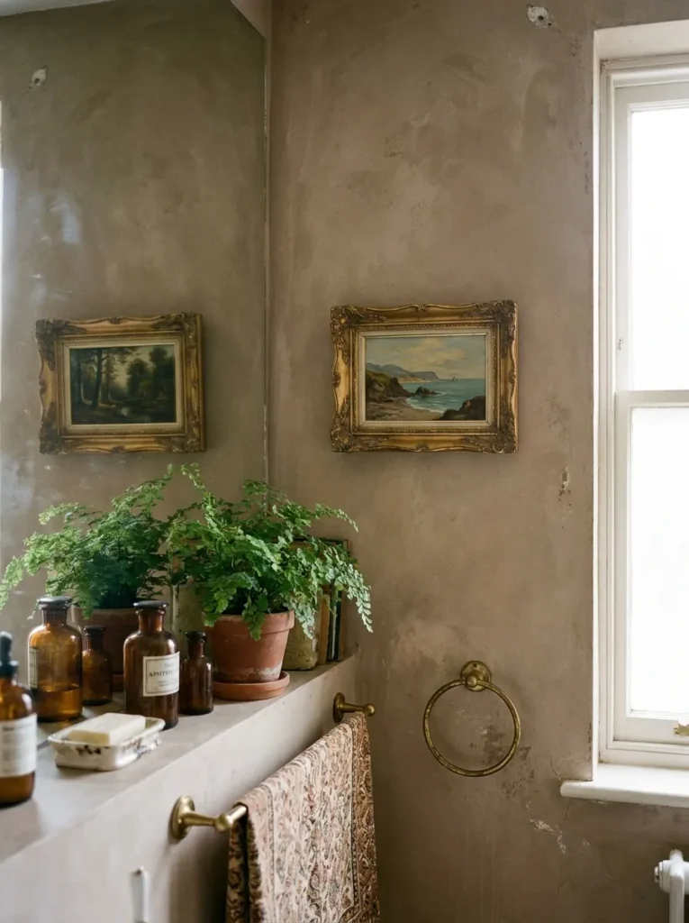 Vintage landscape art prints hanging in dark wood frames on a taupe bathroom wall