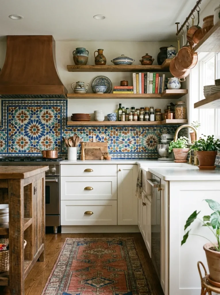 Intricate blue and rust Moroccan tile backsplash in a clean kitchen