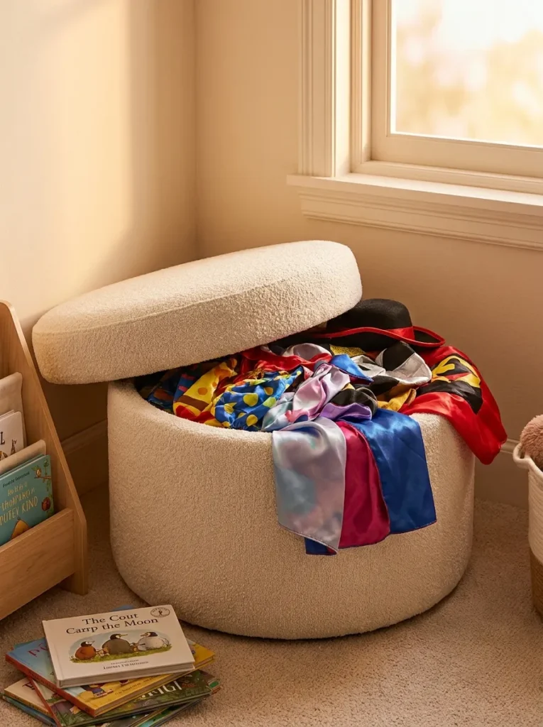 Boucle upholstered storage pouf hiding kids dress up clothes
