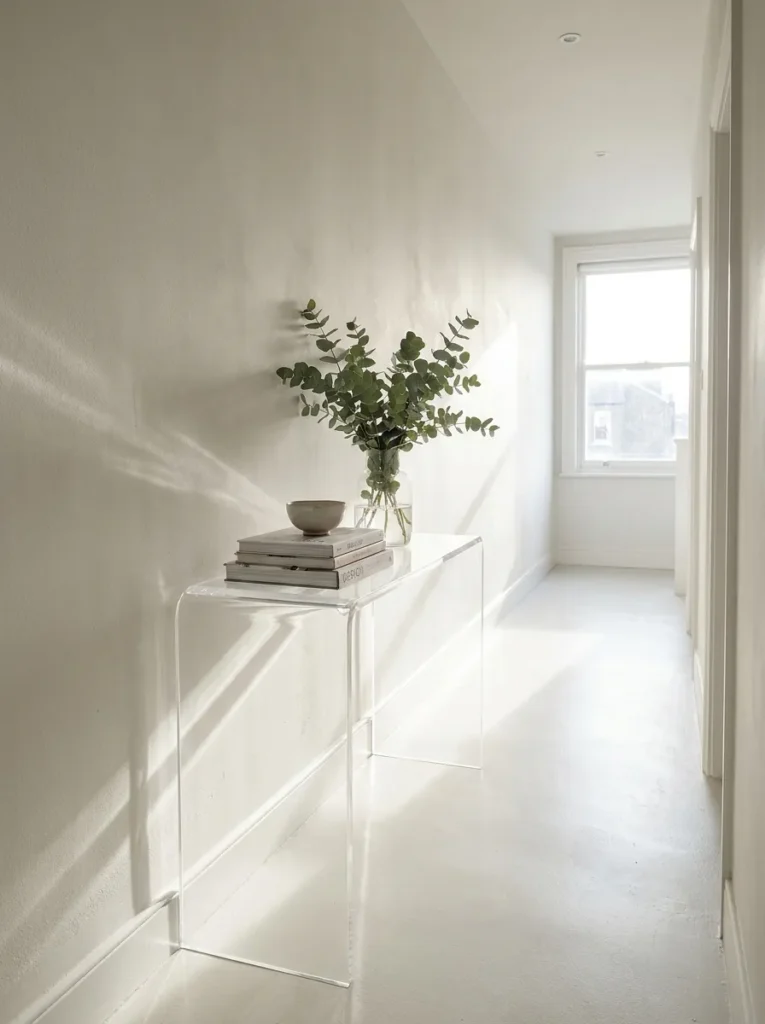 Clear waterfall acrylic console table maximizing space in a narrow hallway
