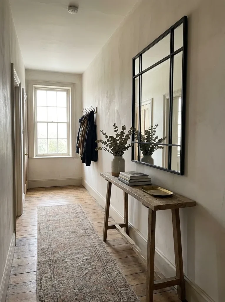 Large black framed mirror reflecting light above a narrow hallway console table