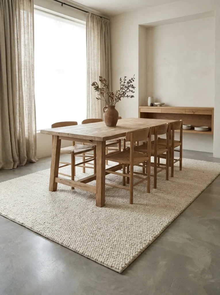 Thick cream wool textured rug under a minimalist dining table