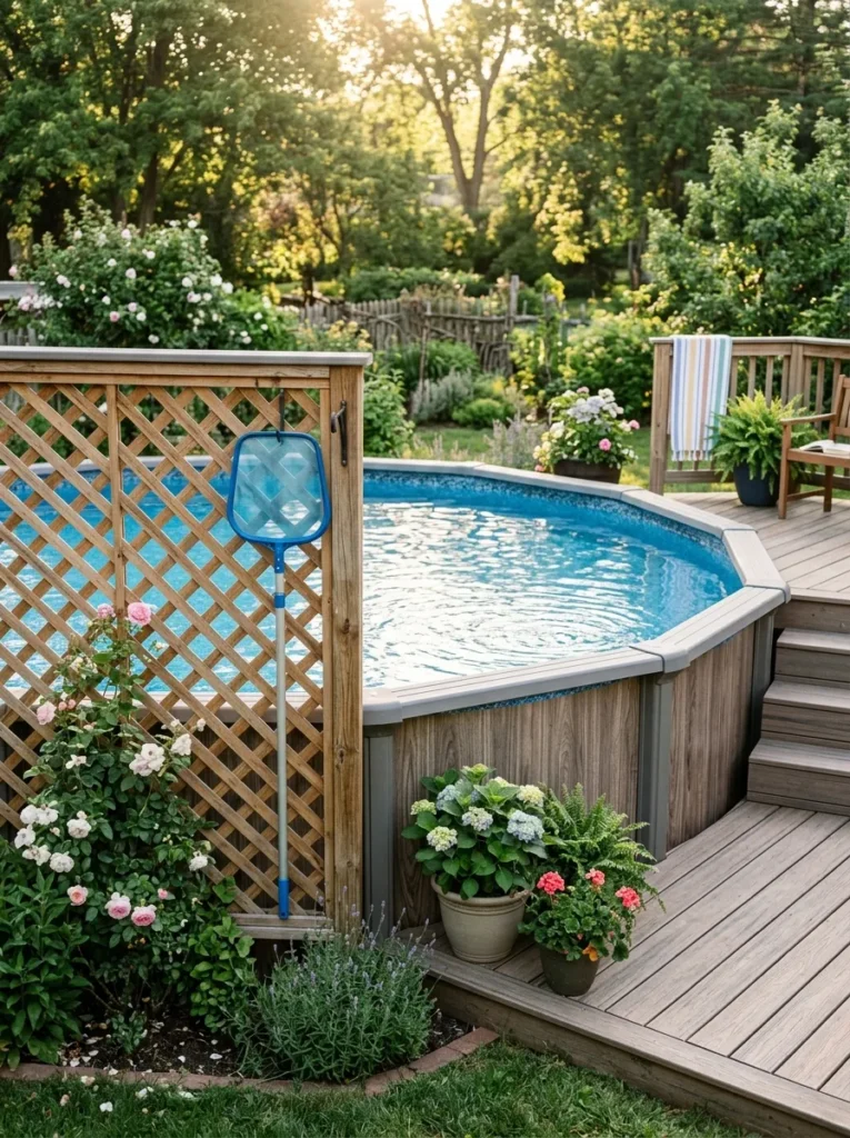 Cedar wood lattice trellis panel holding pool maintenance tools next to an above ground pool