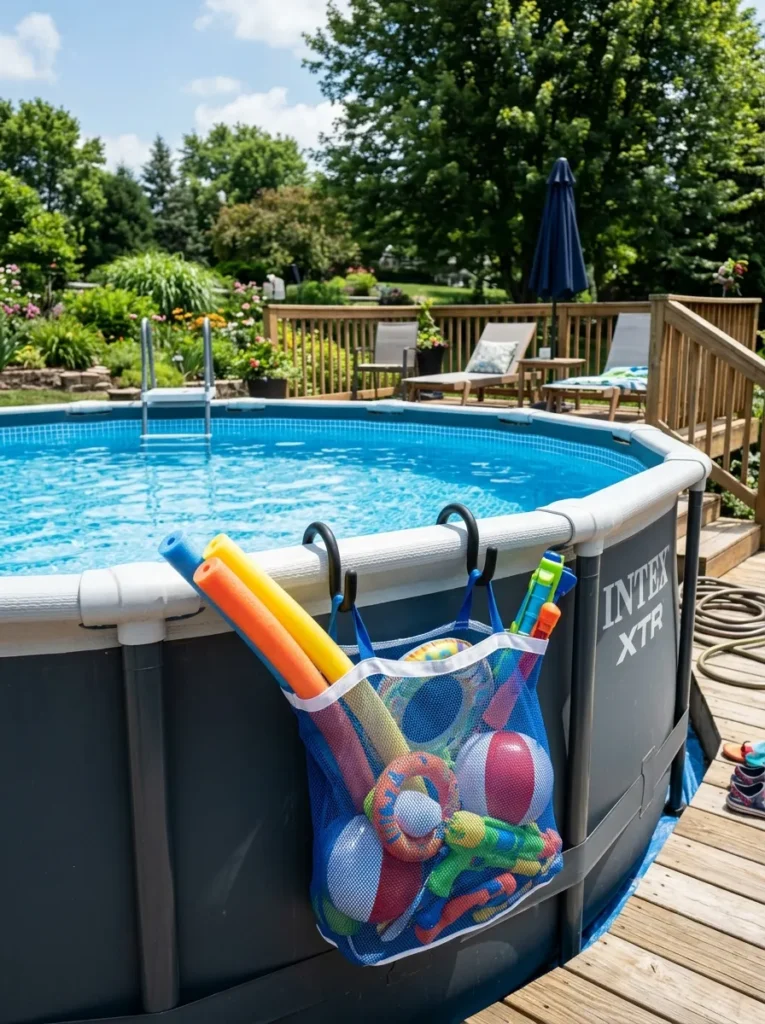 Coated hooks hanging over an above-ground pool rim holding a mesh toy bag
