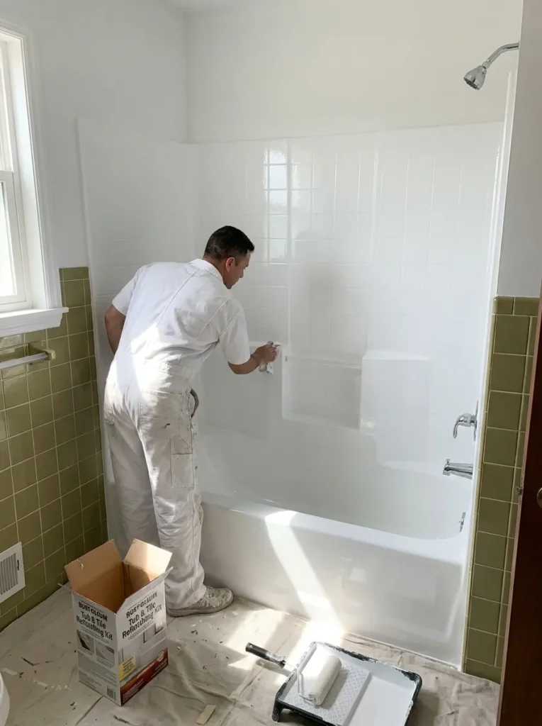 Dated shower tile painted bright white using an epoxy refinishing kit
