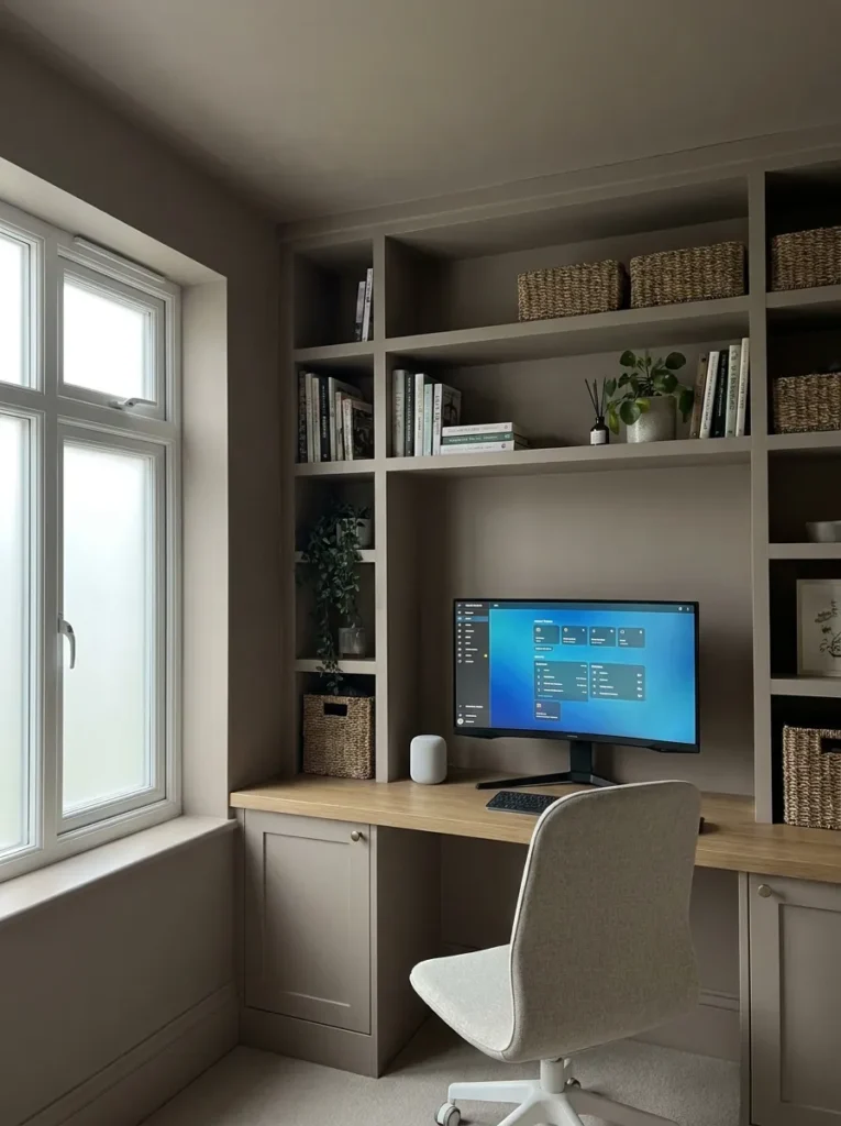 Monochromatic mushroom taupe color drenched workspace supporting clever office ideas home