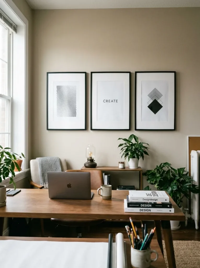 Symmetrical framed art prints adding structure to professional office room decor