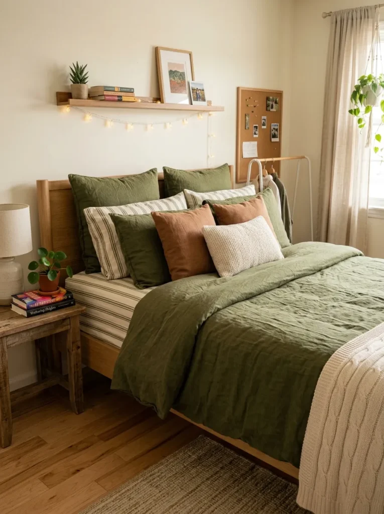 Textured olive green washed cotton duvet cover on a modern bed