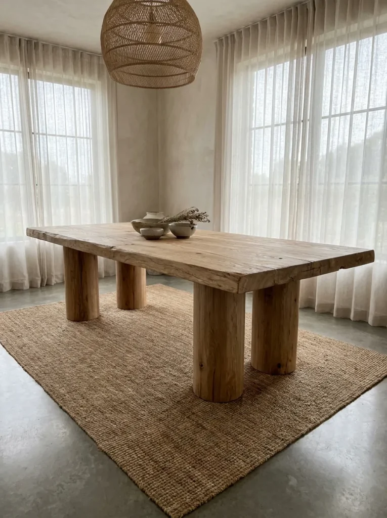Solid raw white oak dining table in a minimalist space