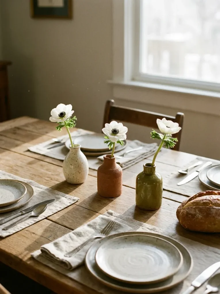 Organic modern floral centerpieces with bud vases on an oak dining table
