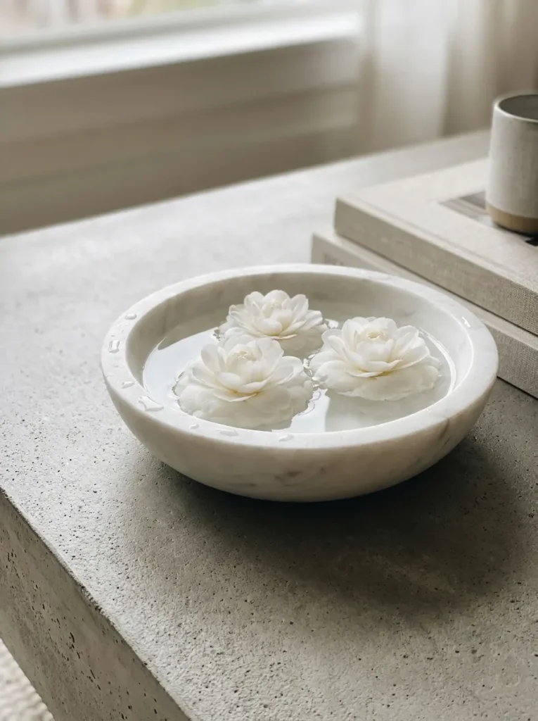 White camelia blossoms floating inside a shallow marble bowl of water