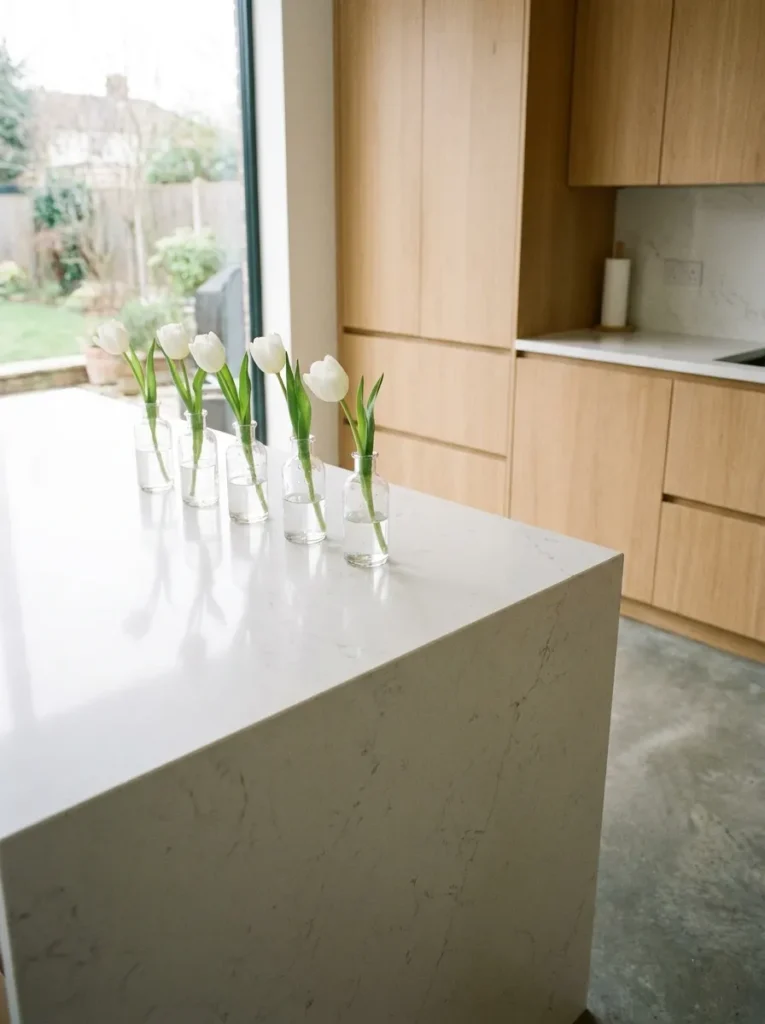 Linear row of white tulips in clear glass bud vases on a quartz counter