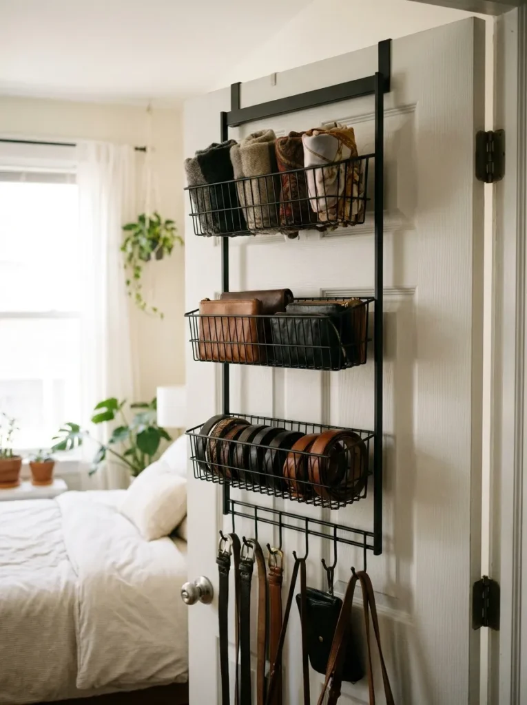 Matte black over the door organizer holding purses and scarves