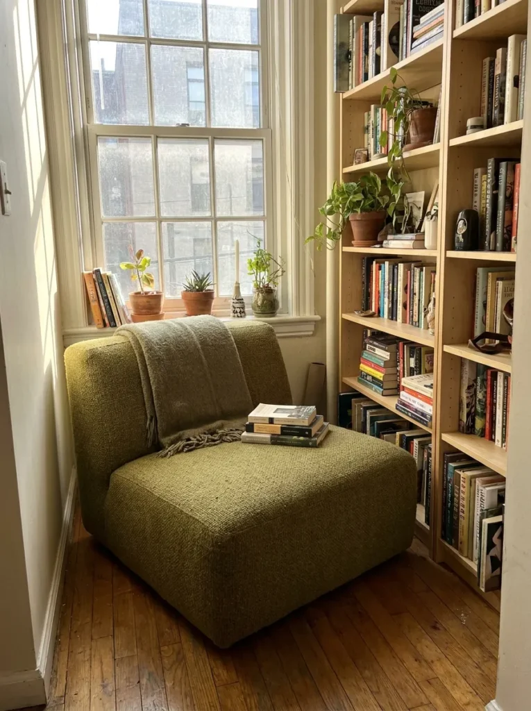 Low slung olive green oversized reading chair for small spaces