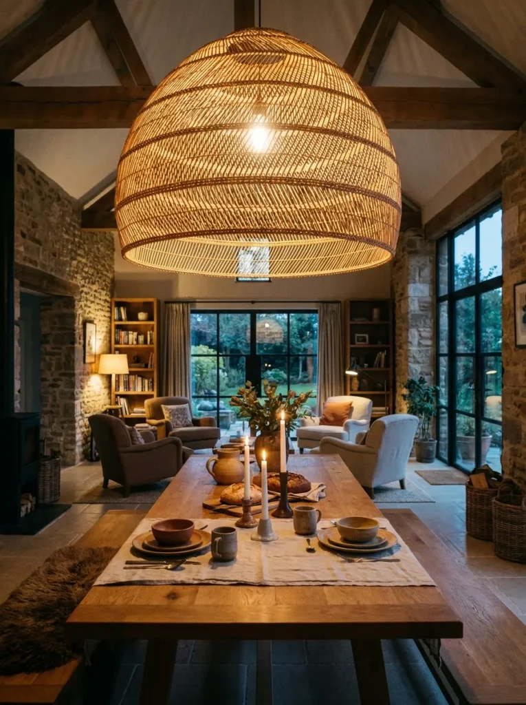 Oversized statement pendant light anchoring a dining room table