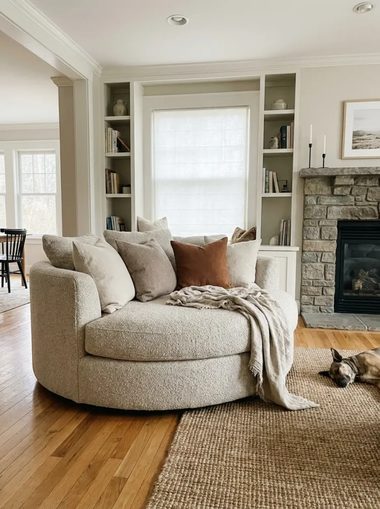 Large circular oversized cuddle reading chair in oatmeal fabric