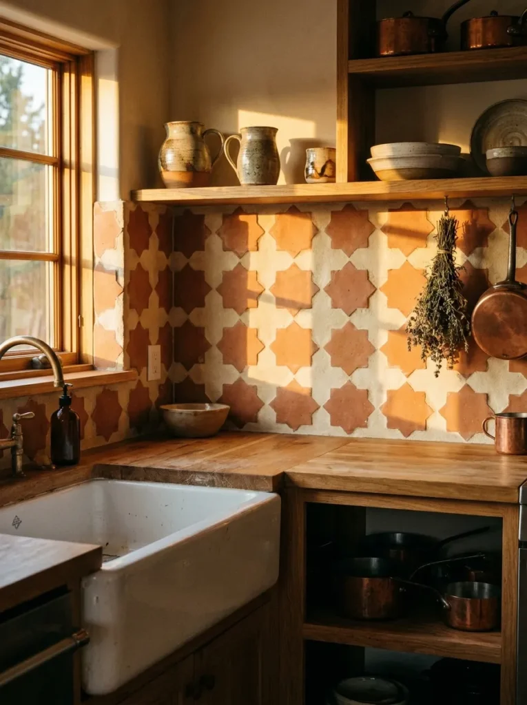 Star and cross terracotta tile backsplash bringing warmth to a boho kitchen