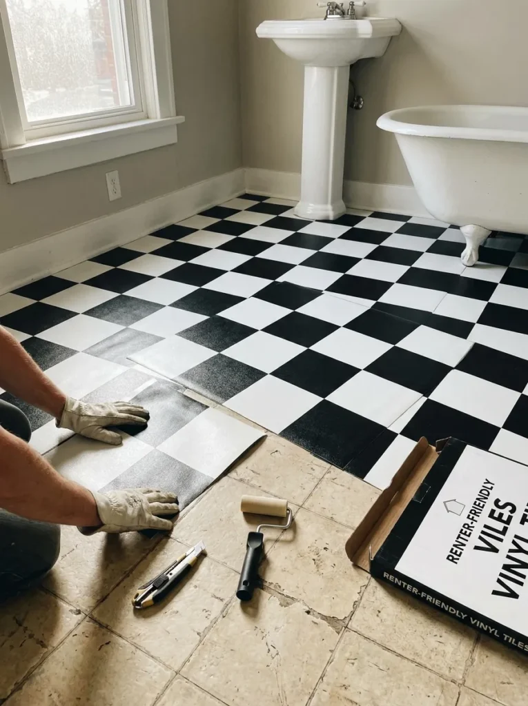 Black and white checkerboard peel and stick floor tiles in a small bathroom