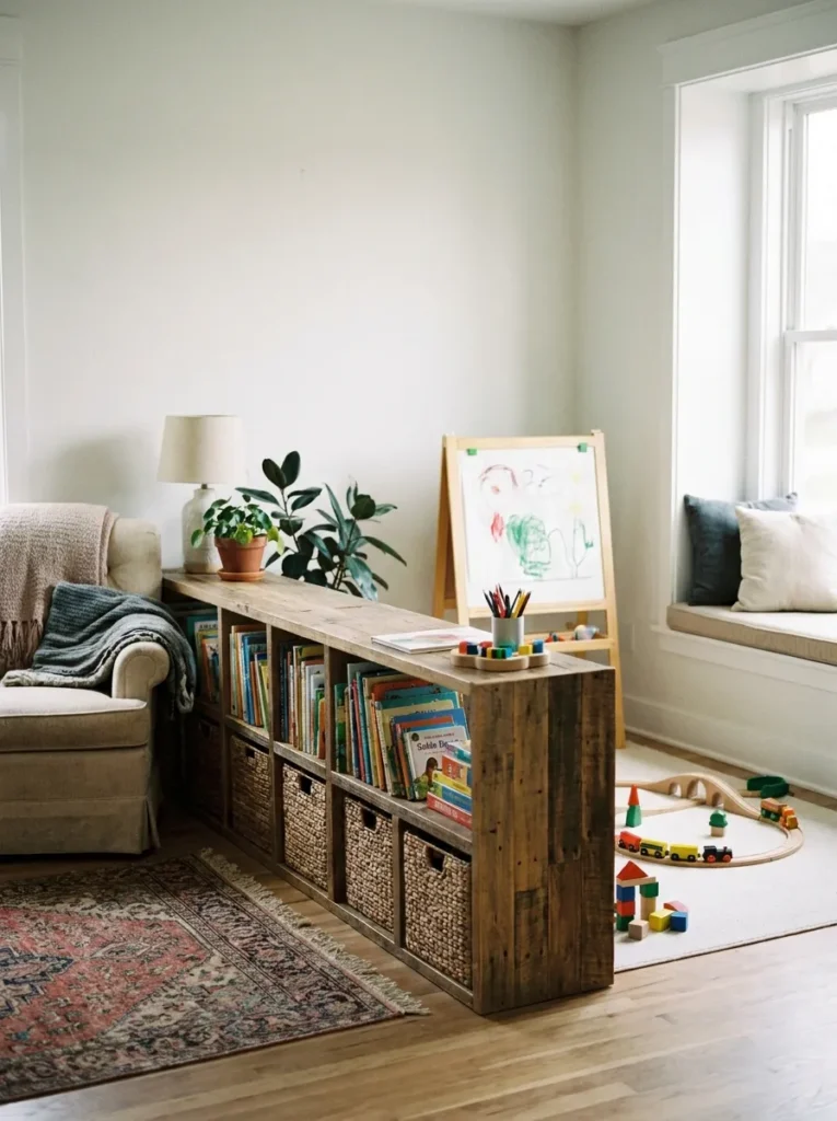 Low wooden divider shelf separating a playroom reading nook from toys