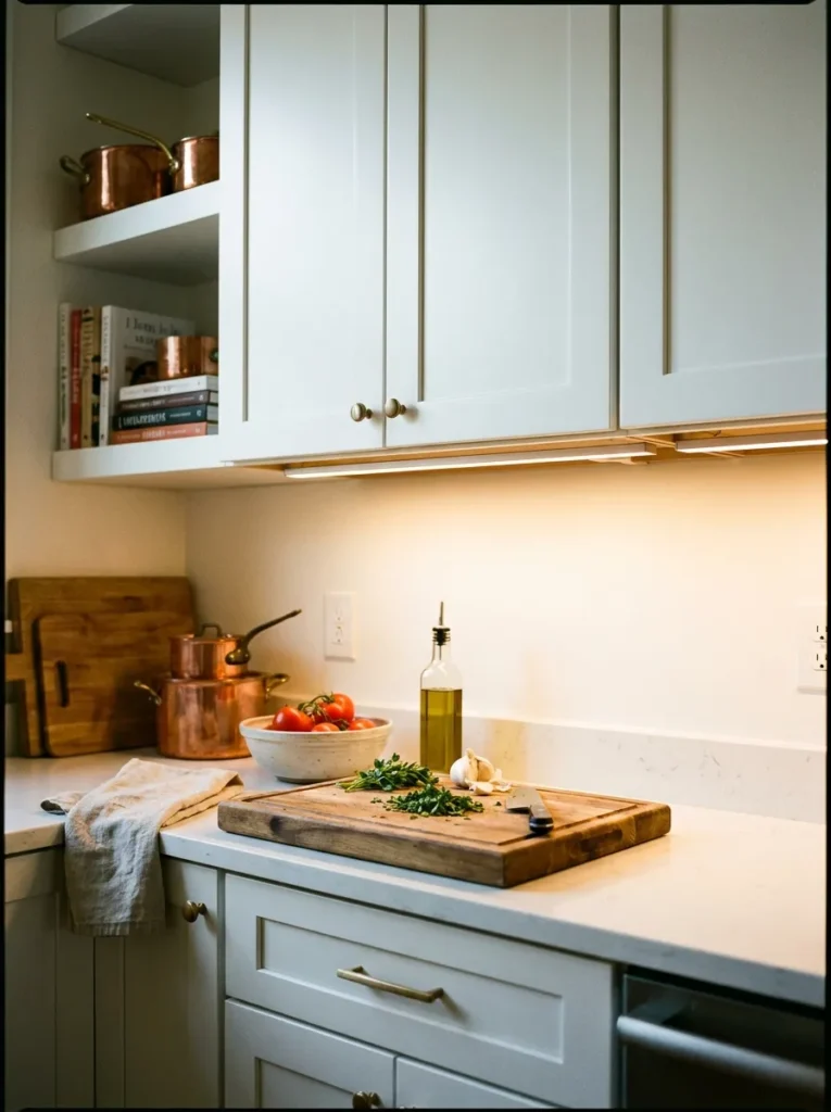 Renter friendly under cabinet lighting illuminating a kitchen counter