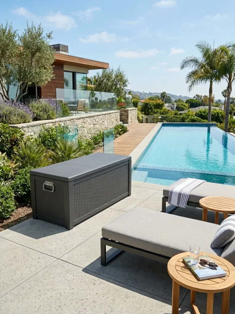 Charcoal gray waterproof resin storage bench on a concrete pool deck