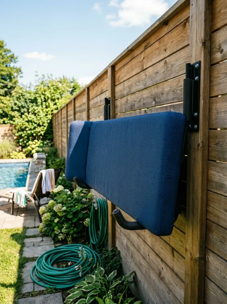 Padded black metal hooks holding a pool lounge raft horizontally against a fence