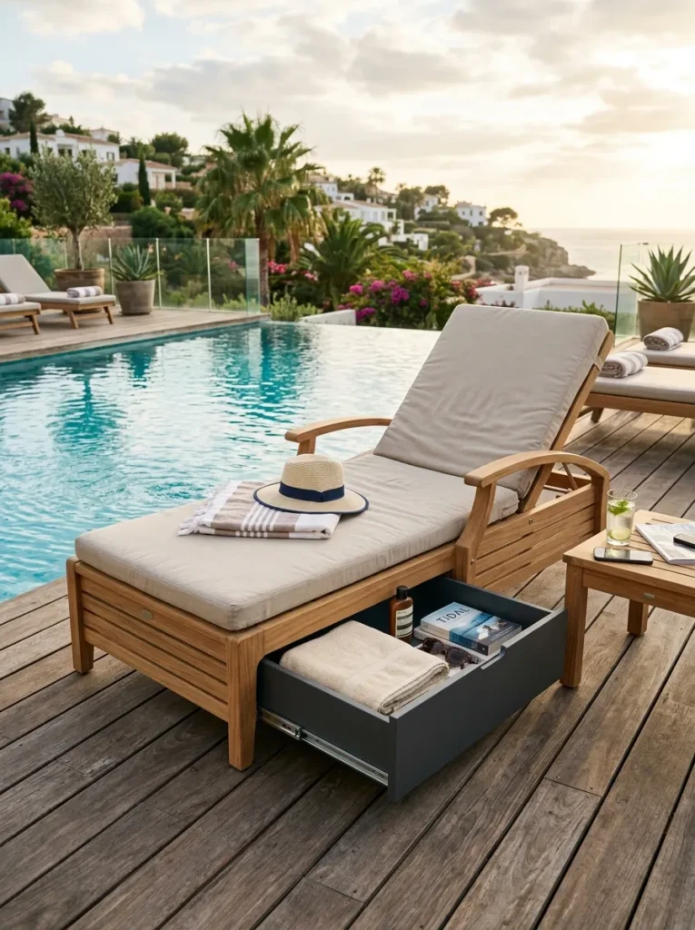 Hidden storage drawer sliding out from beneath a modern teak poolside lounge chair
