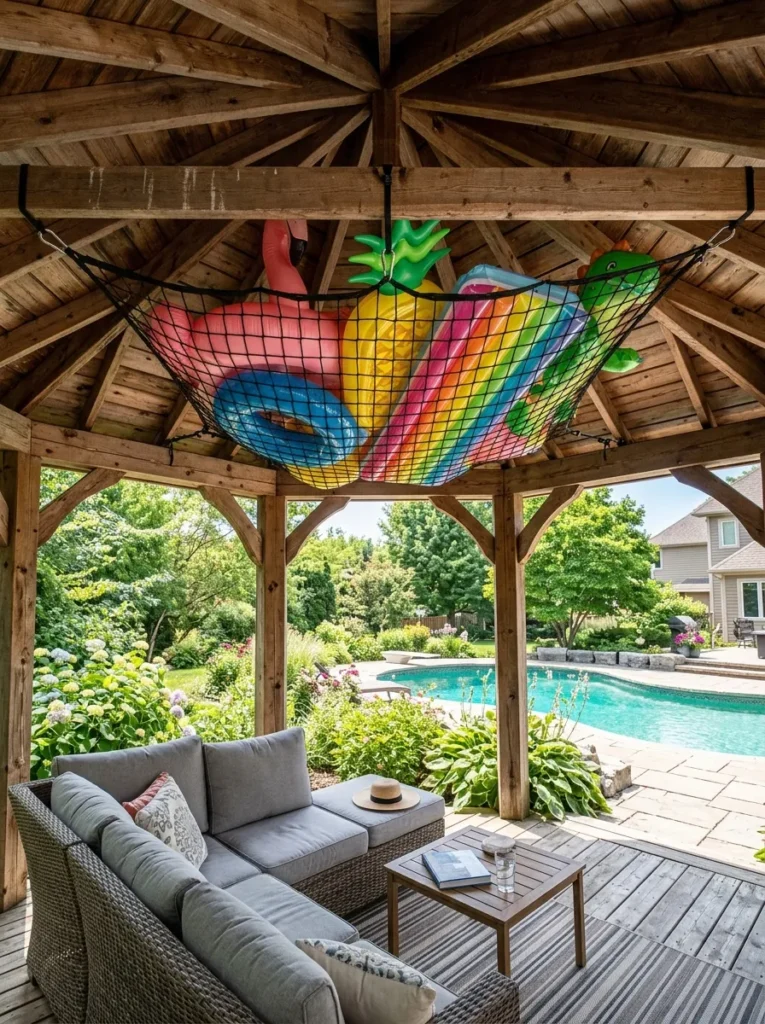 Overhead cargo net mounted to gazebo rafters holding large pool floats