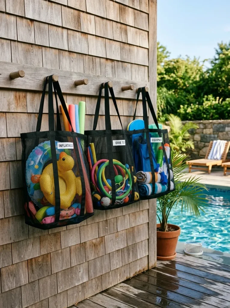Black mesh utility tote bags holding pool toys hanging from wall pegs