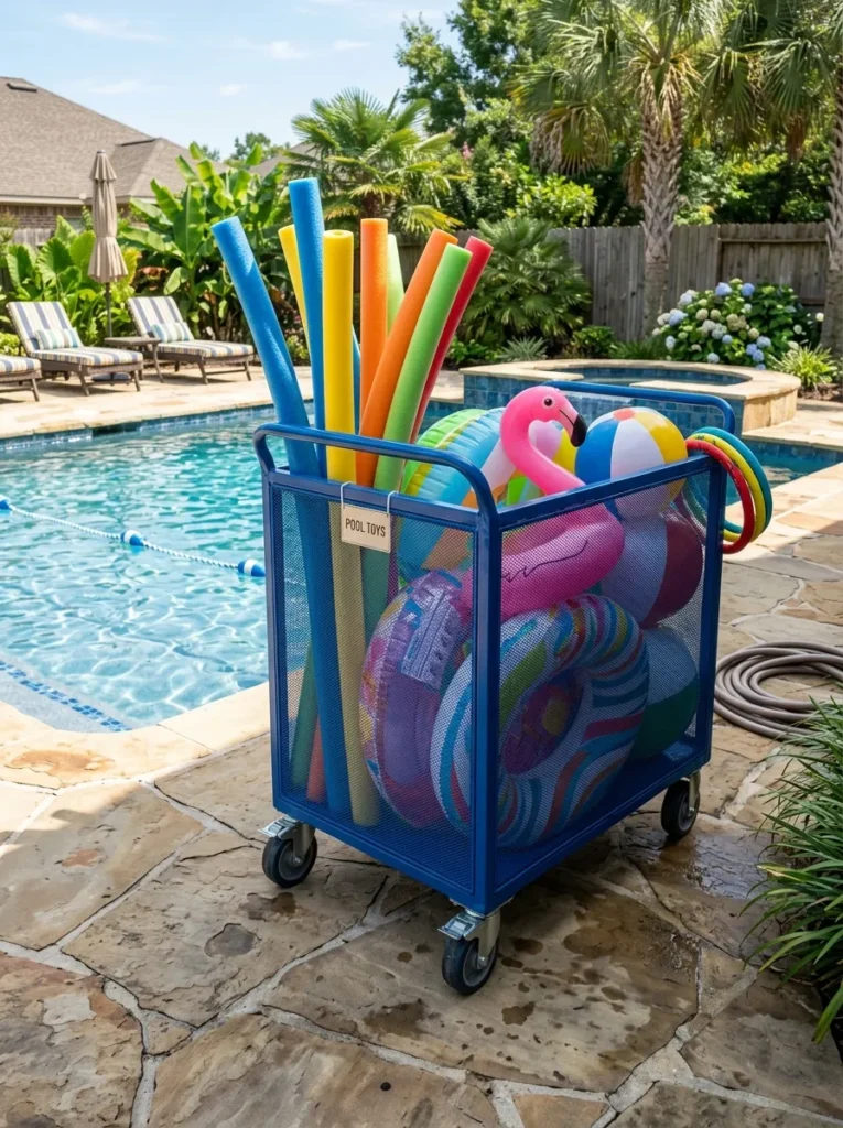 Rolling blue mesh utility cart organizing pool noodles and toys on a patio