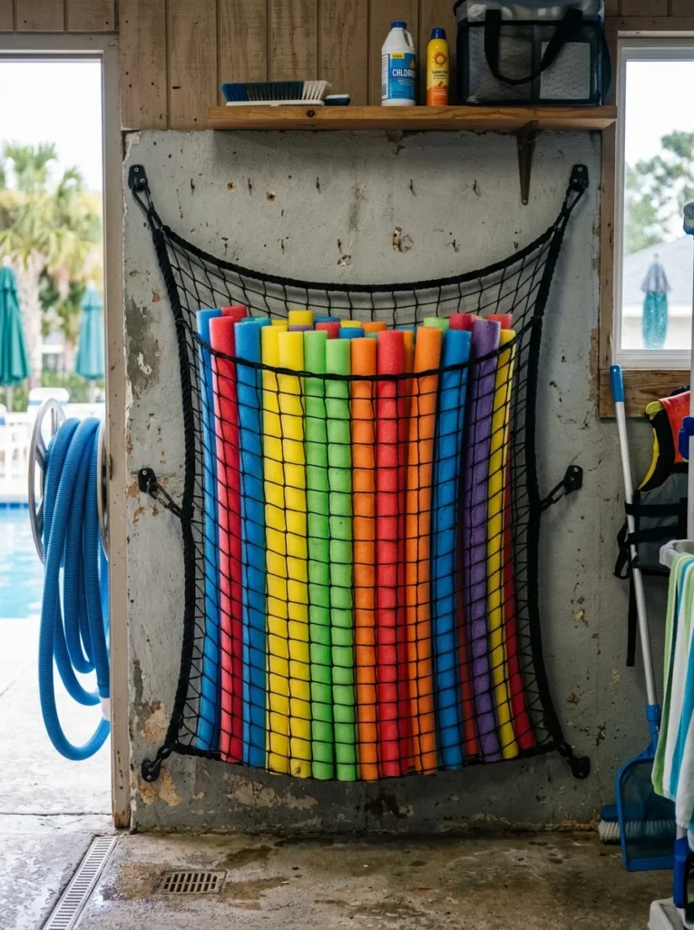 Foam pool noodles organized vertically inside a wall-mounted cargo net